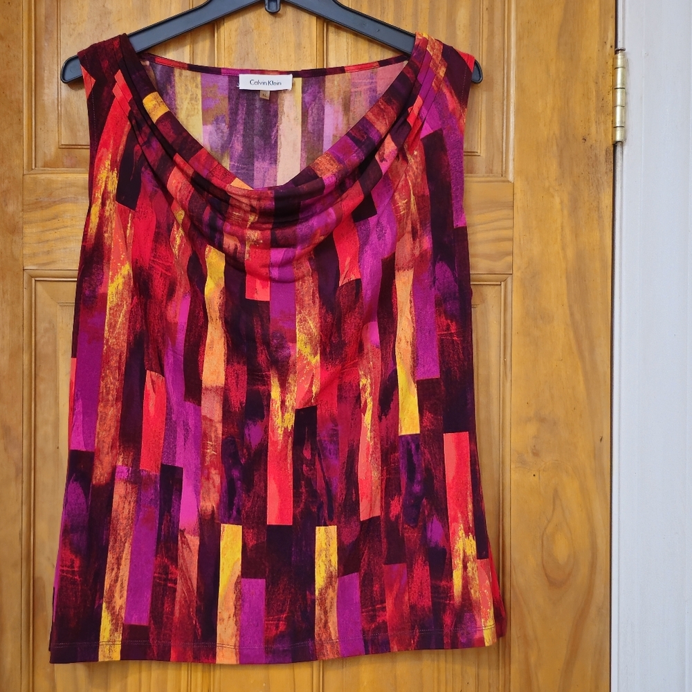 Calvin Klein Abstract Pattern Draped Neck Sleeveless Jersey Cami Tank Top